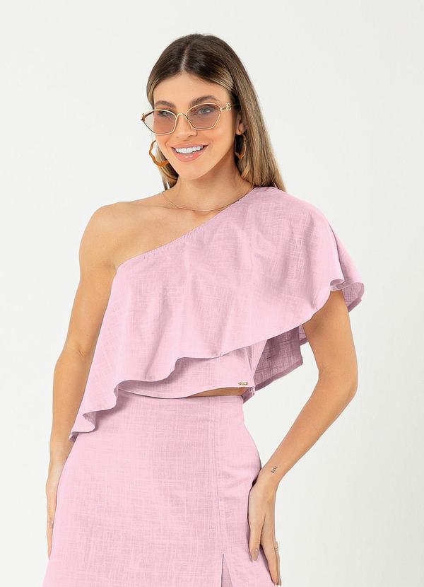 Cativa - Blusa Cropped Assimétrica em Algodão Rosa Claro