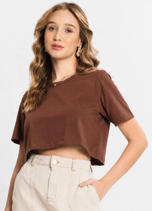 Select - Blusa Cropped Básico em Meia Malha Marrom
