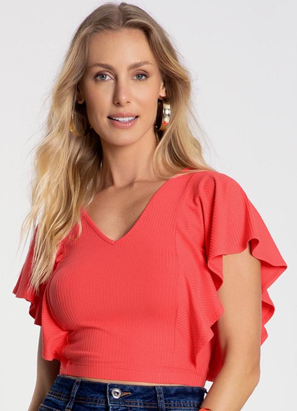 Lunender - Blusa Cropped Canelada com Babados Salmao