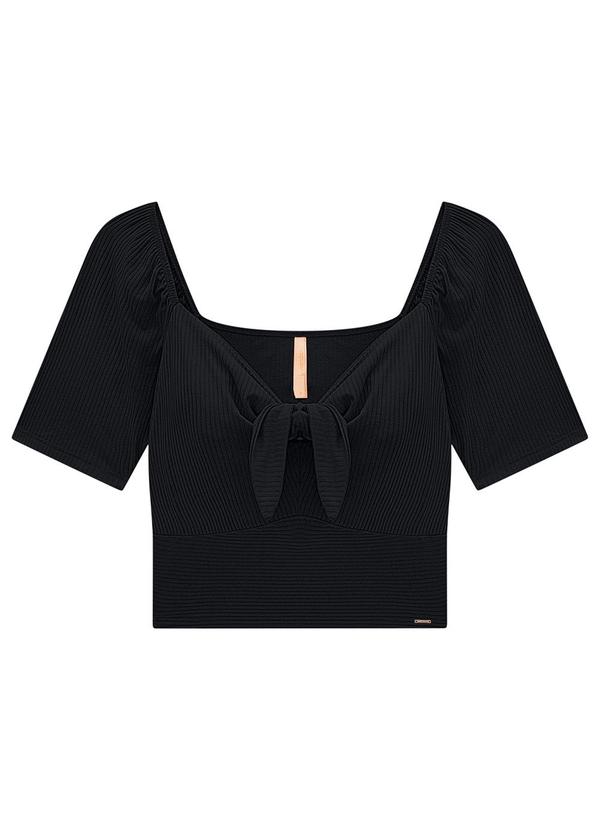 Lunender - Blusa Cropped Canelada com Detalhe Laço Preto