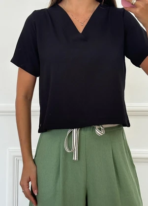 Doce Tom - Blusa Cropped  com Decote V Preto - DOCE TOM
