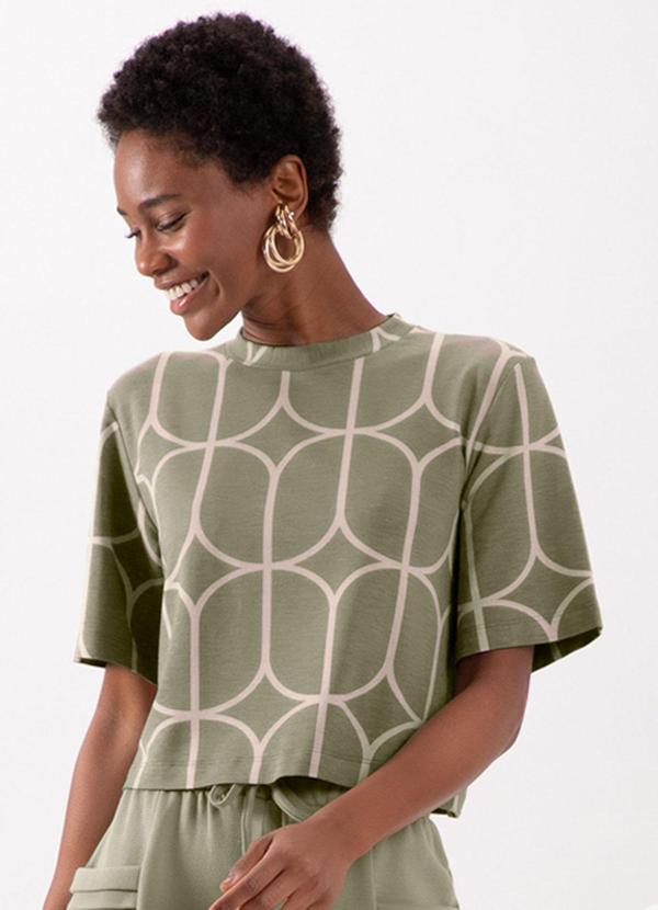 Lunender - Blusa Cropped Estampada  com Gola Redonda Verde