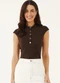 Marialícia - Blusa Curta Feminina Canelada Botões Marrom - variação: Marrom