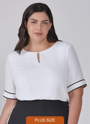 Principessa - Blusa de Crepe Off White com Filete Plus Size Preto Ju - PRINCIPESSA