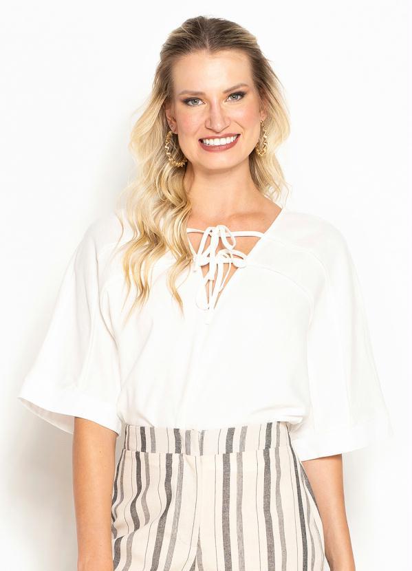 Maria Filó - Blusa de Linho Decote Recheio Off White