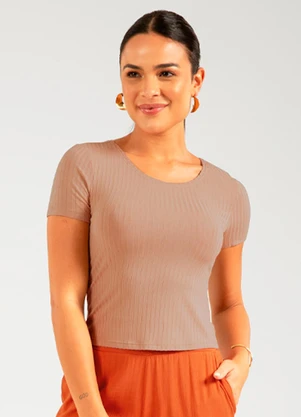 Cativa - Blusa de Manga Curta Canelada Marrom - CATIVA