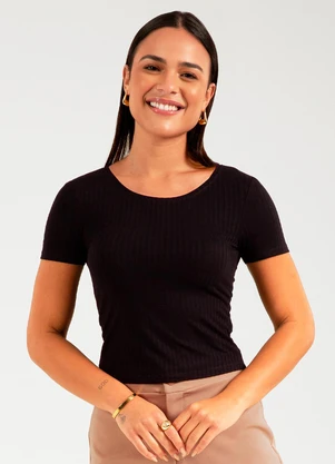 Cativa - Blusa de Manga Curta Canelada Preto - CATIVA