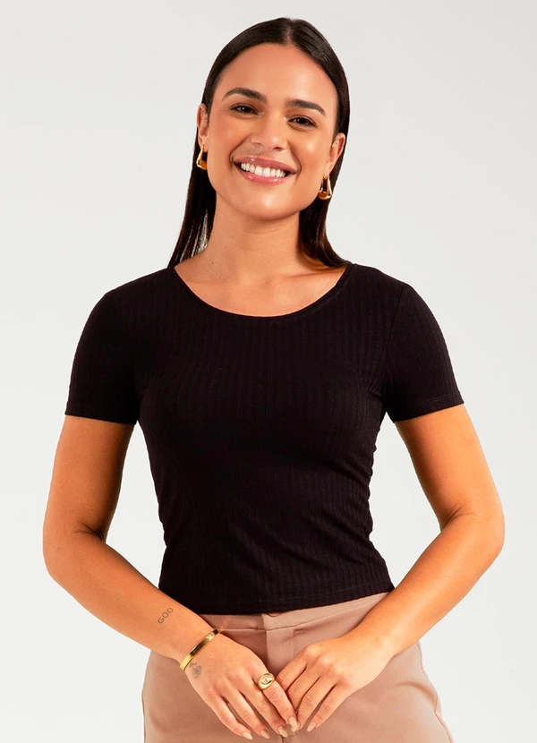 Cativa - Blusa de Manga Curta Canelada Preto