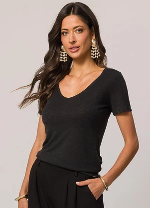 Doce Trama - Blusa de Manga Curta em Tricot Flamê Preto - DOCE TRAMA