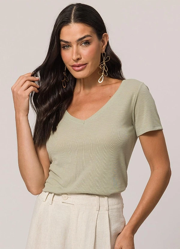 Doce Trama - Blusa de Manga Curta em Tricot Flamê Verde