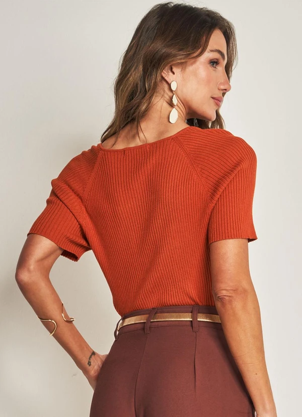 Doce Trama - Blusa de Manga Curta em Tricot Laranja 2