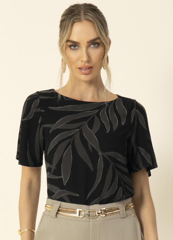 Gris - Blusa de Manga Curta Estampada Preto