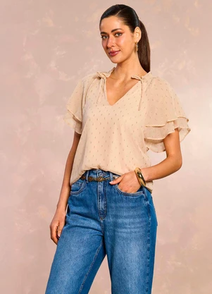 Doce Trama - Blusa de Manga Curta Jardim Boho em Chiffon Bege - DOCE TRAMA