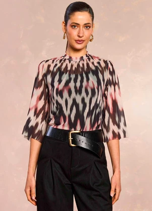 Doce Trama - Blusa de Mangas 3/4 em Tule Estampado - DOCE TRAMA