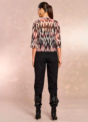 Doce Trama - Blusa de Mangas 3/4 em Tule Estampado - DOCE TRAMA