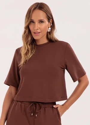 Lunender - Blusa de Mangas Curtas Básica em Malha Marrom - LUNENDER