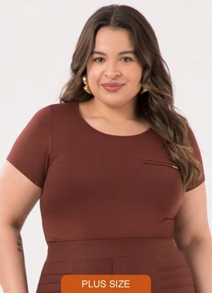 Lunender Mais Mulher - Blusa de Mangas Curtas Plus Size em Malha Marrom - LUNENDER MAIS MULHER