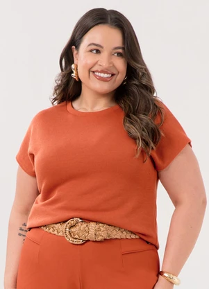 Lunender Mais Mulher - Blusa de Mangas Curtas Plus Size Tricô Laranja - LUNENDER MAIS MULHER