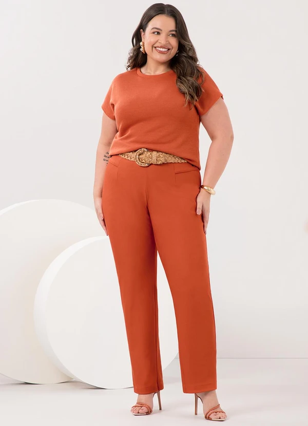 Lunender Mais Mulher - Blusa de Mangas Curtas Plus Size Tricô Laranja 3