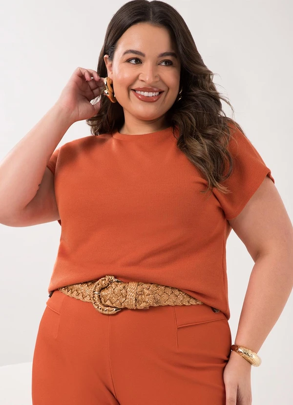 Lunender Mais Mulher - Blusa de Mangas Curtas Plus Size Tricô Laranja 4