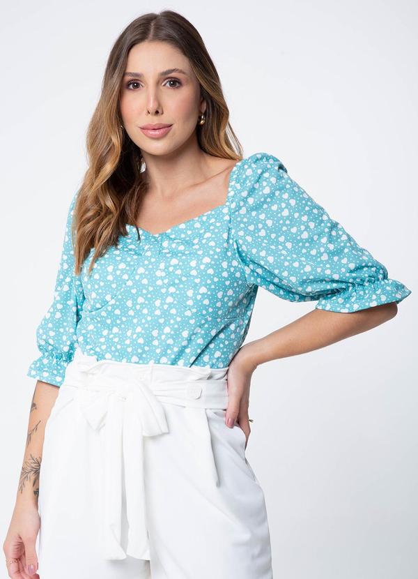 Misiss - Blusa de Mangas Franzidas Bárbara Coração Azul