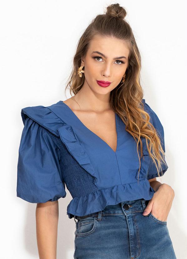 Farm - Blusa de Tricoline com Babado no Decote Azul