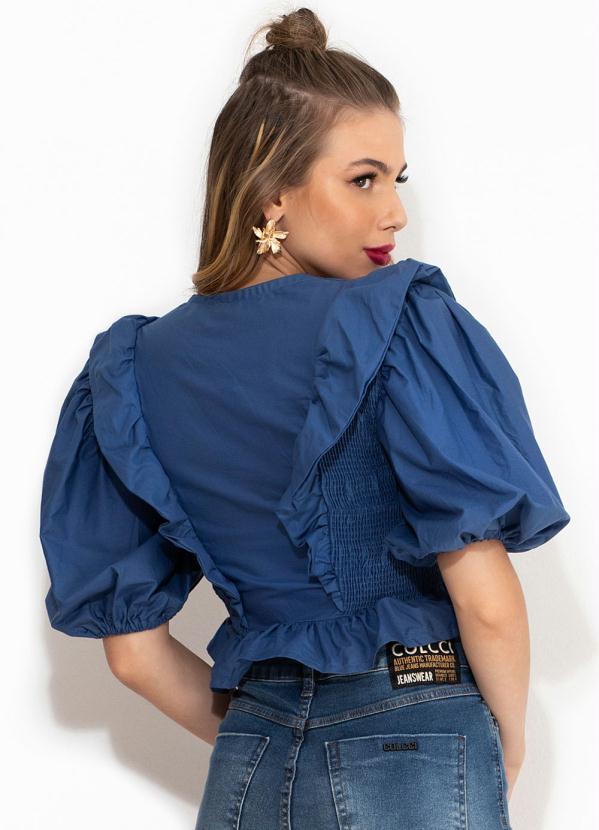 Farm - Blusa de Tricoline com Babado no Decote Azul 2