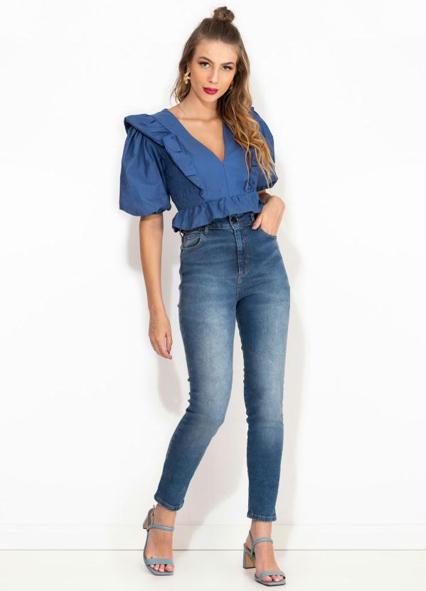 Farm - Blusa de Tricoline com Babado no Decote Azul 3
