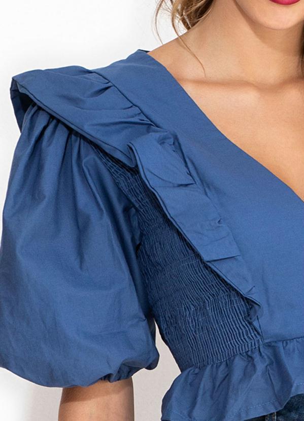 Farm - Blusa de Tricoline com Babado no Decote Azul 6