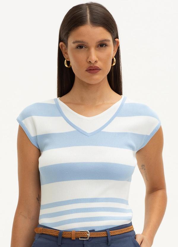 Principessa - Blusa de Tricot Listrada Azul e Off White Samy