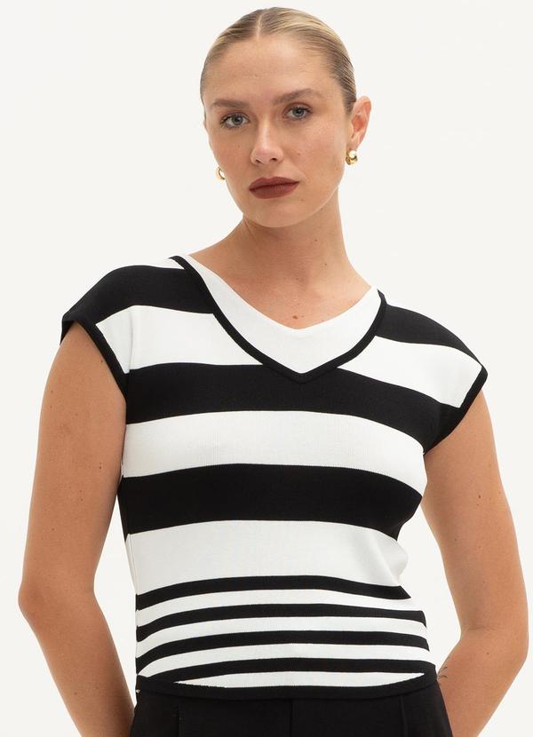 Principessa - Blusa de Tricot Listrada Preta e Off White Samy