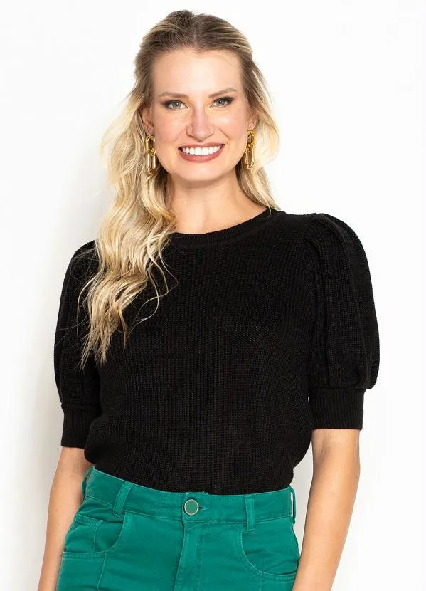 Maria Filó - Blusa de Tricot Malha Inglesa Preta