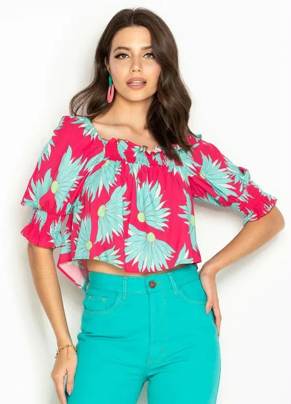 Maria Filó - Blusa de Viscose Estampa Carmen Rosa