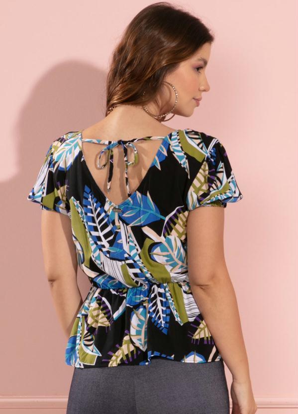 Outlet - Blusa de Viscose Folhas Azuis com Peplum 9