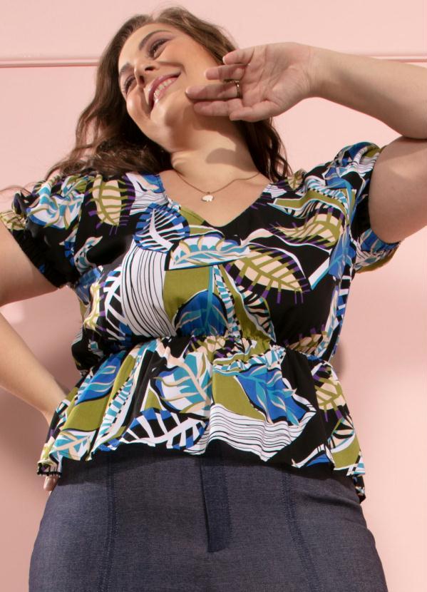 Outlet - Blusa de Viscose Folhas Azuis com Peplum 5