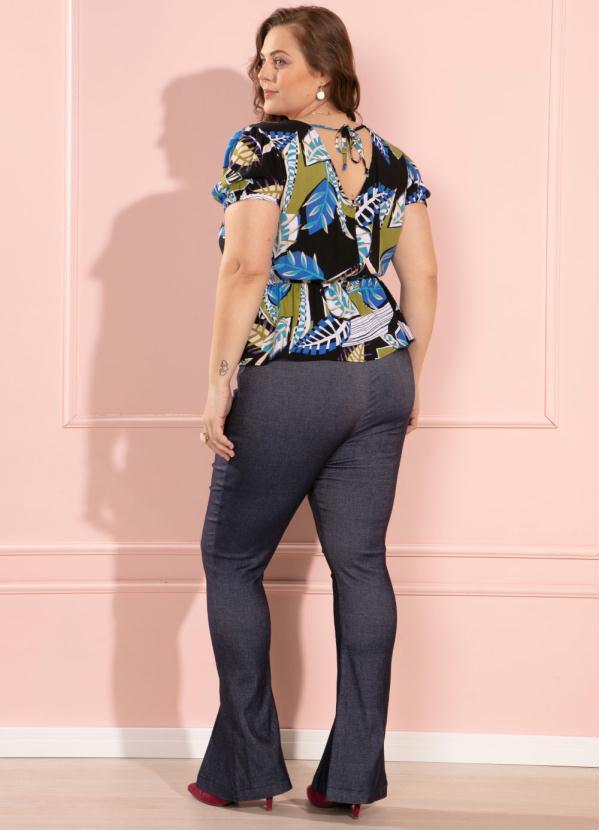 Outlet - Blusa de Viscose Folhas Azuis com Peplum 2