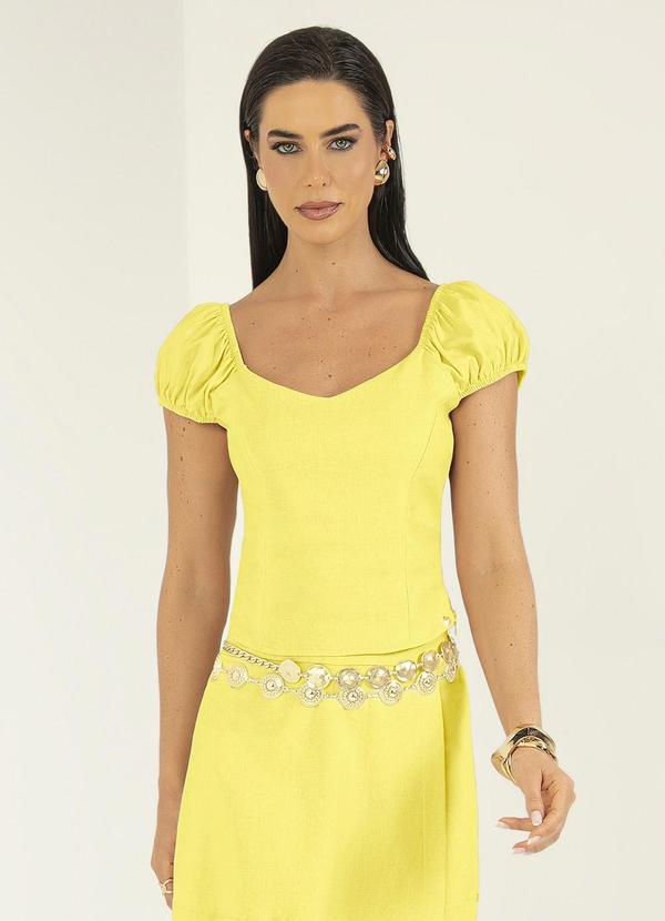 Gris - Blusa Decote Coração em Tecido em Linho Amarelo