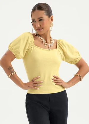 Cativa - Blusa Decote Quadrado em Cotton Amarelo Claro - CATIVA