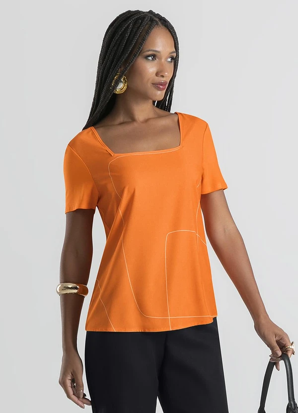 Cativa - Blusa Decote Quadrado em Misturinha Laranja