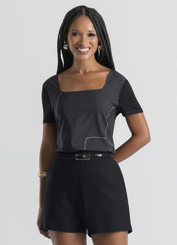 Cativa - Blusa Decote Quadrado em Misturinha Preto