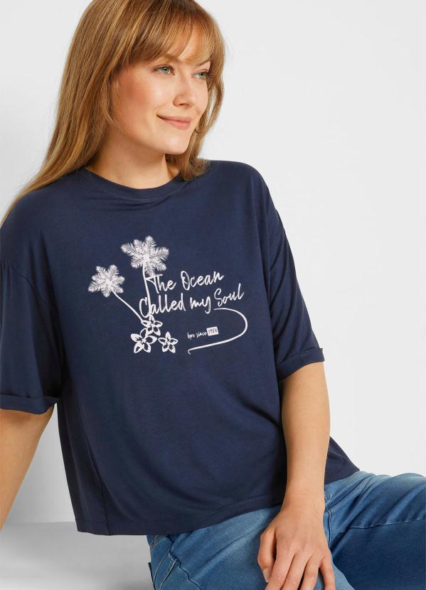 Outlet - Blusa Decote Redondo com Estampa Azul Marinho 4