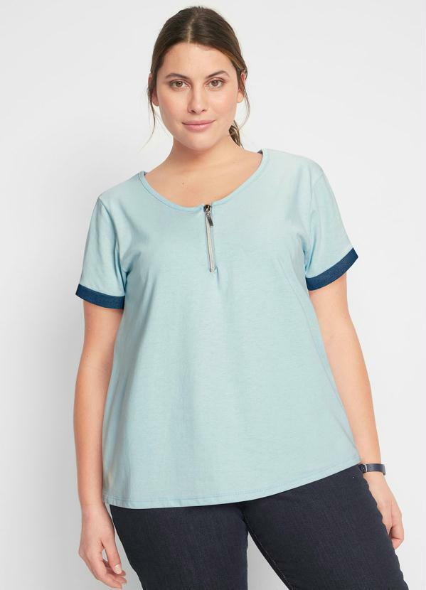 Outlet - Blusa Decote Redondo com Zíper Azul Claro