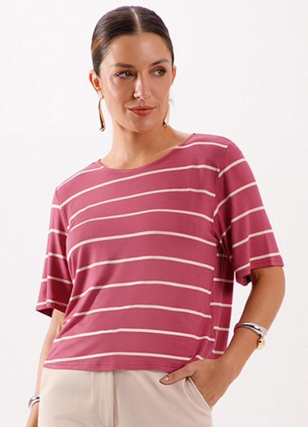 Lunender - Blusa Decote Redondo em Malha Listrada Vermelho