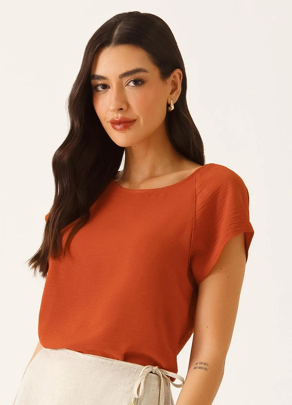Principessa - Blusa Manga Curta Decote Redondo em Crepe Terracota Rosane 8