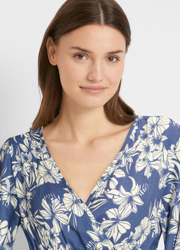 Outlet - Blusa Decote Transpassado Folhagem Azul 3