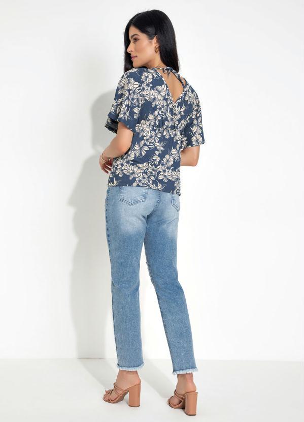 Outlet - Blusa Decote Transpassado Folhagem Azul 8