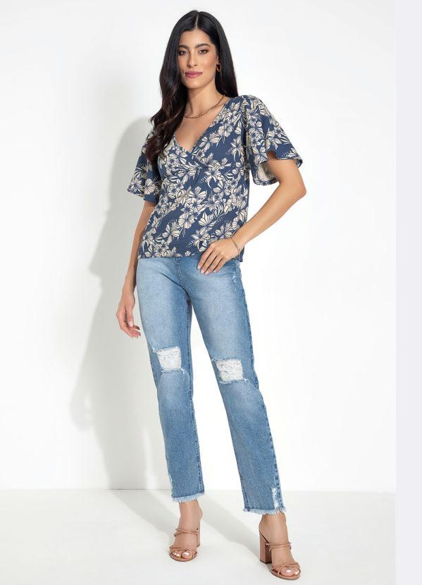 Outlet - Blusa Decote Transpassado Folhagem Azul 9