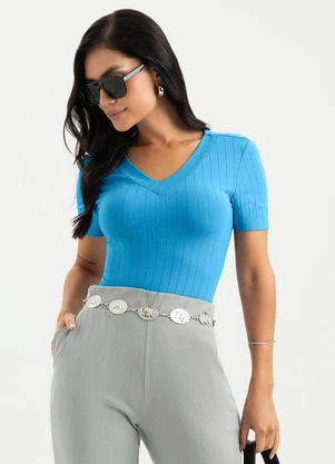 Cativa - Blusa Decote V Canelada Azul - CATIVA