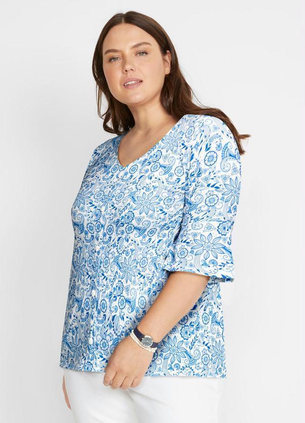 Outlet - Blusa Decote V com Botões Paisley Azul 3