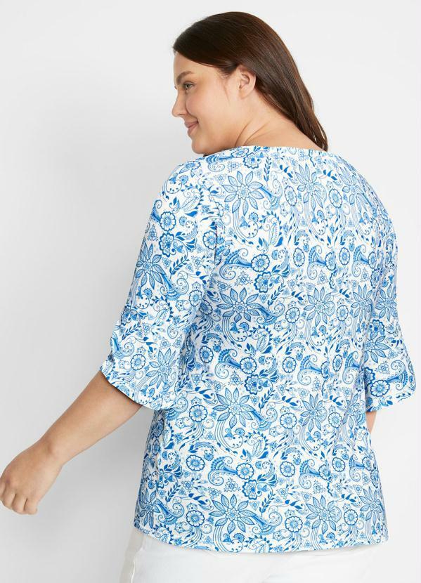 Outlet - Blusa Decote V com Botões Paisley Azul 4